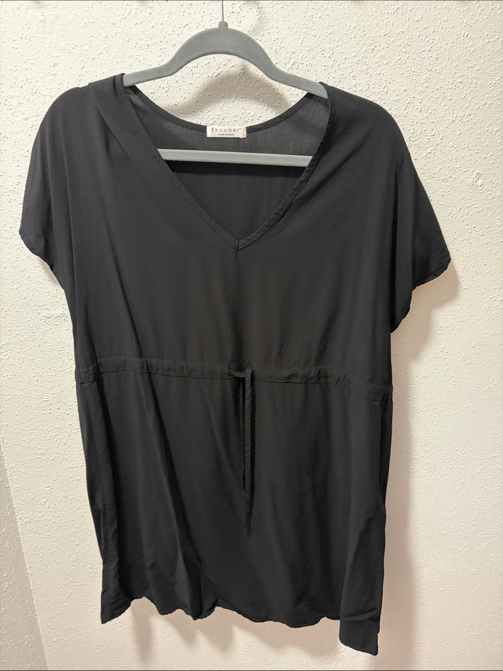 Black Short Sleeve V-Neck Drawstring Coverup